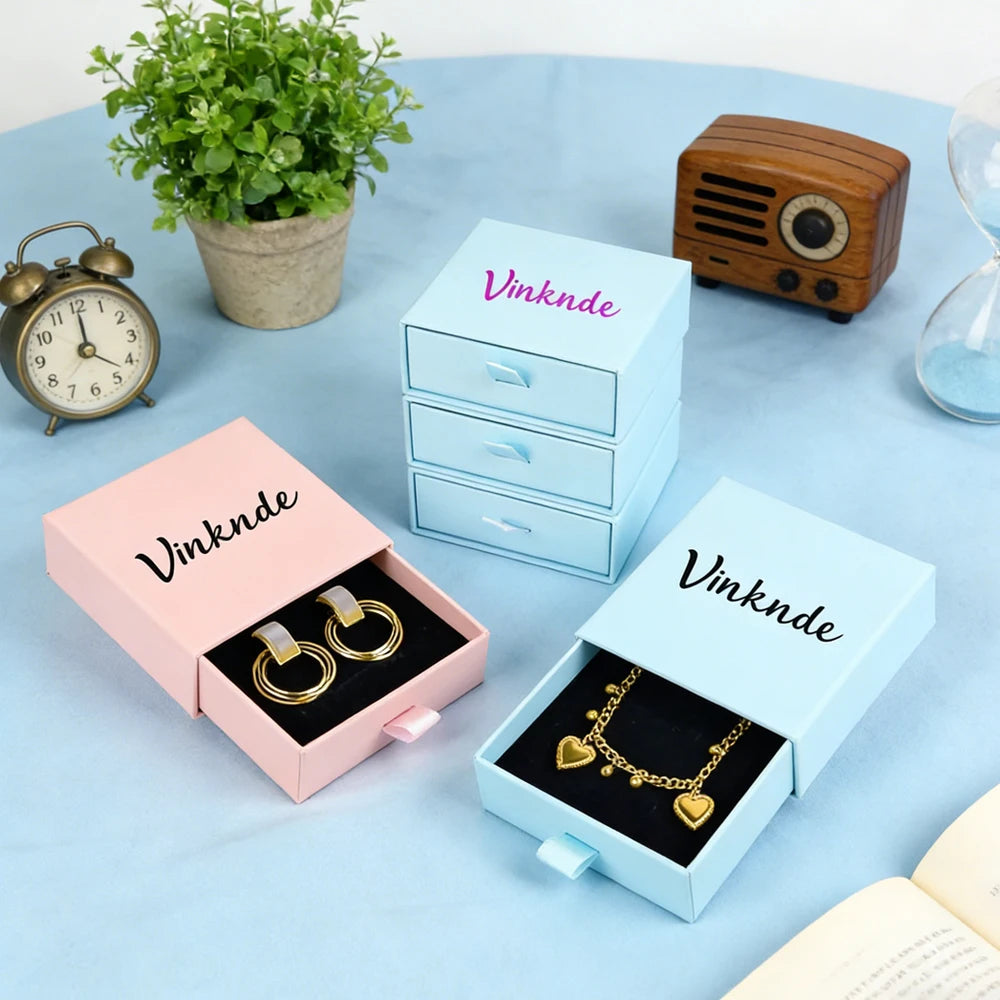 50Pcs/Lot Custom Logo 8x8x1.7cm White Paper Jewelry Storage Box Luxury Drawer Boxes Necklace Earring Ring Packaging Gift Case