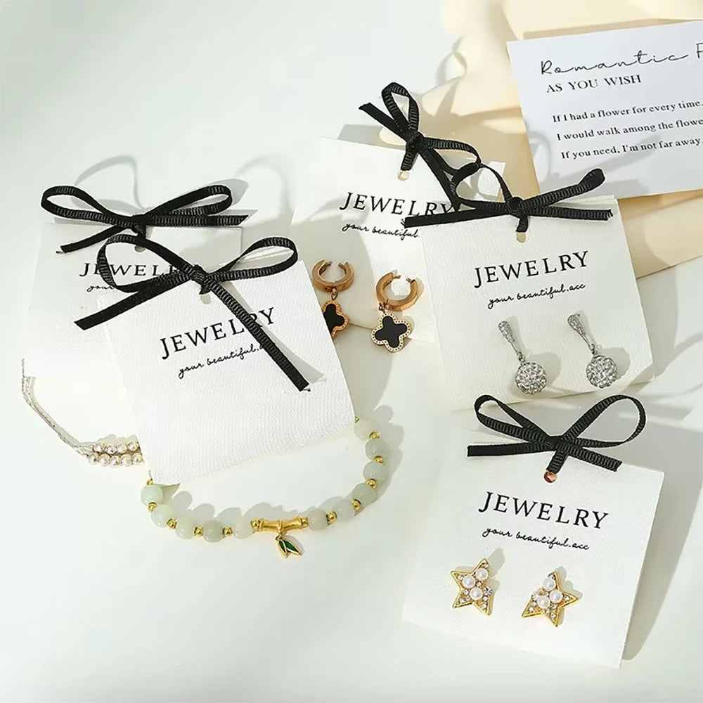Custom Logo 6X17CM Luxury Cotton Soft Fabric Stud Earrings Necklace Packaging Display Card Fashion Jewelry With Black Ribbon Bow